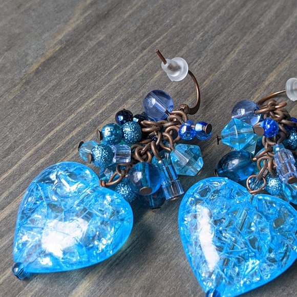 Mixed Blue Glass Bead & Blue Crackle Heart Cluster Earrings - Picture 9 of 16